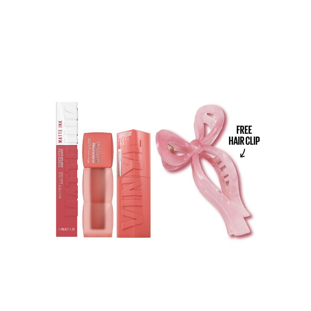 Maybelline lip bundle with Matte Ink lipstick, Teddy Tint, Vinyl Ink and free hair clip included