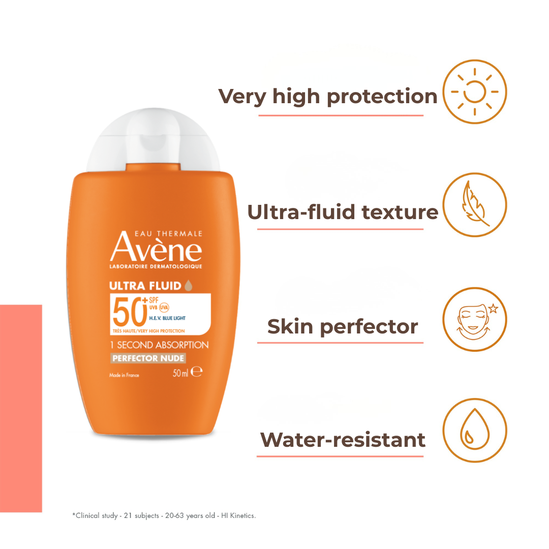 Avene sun cream bottle with product features on a white background