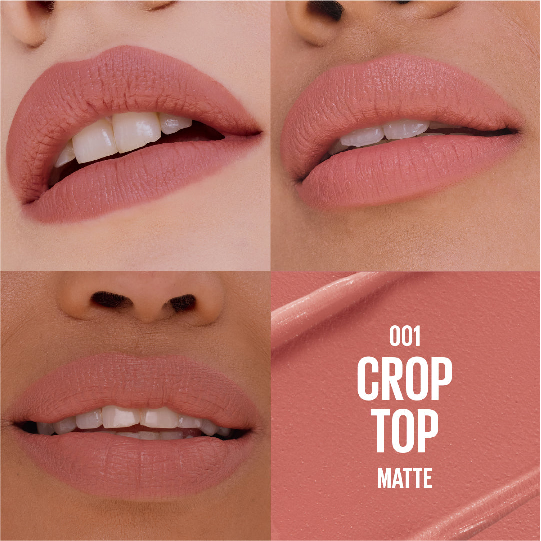 Collage of a woman's lips wearing a pink lipstick with '001 Crop Top Matte' text.