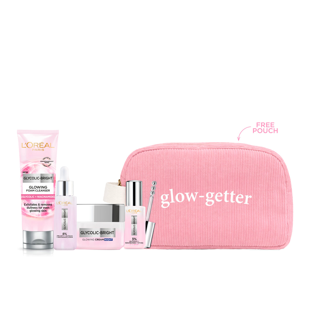 Glycolic-Bright Foam Cleanser + Face Serum + Night Cream + Eye Serum + FREE Pouch At 25% OFF