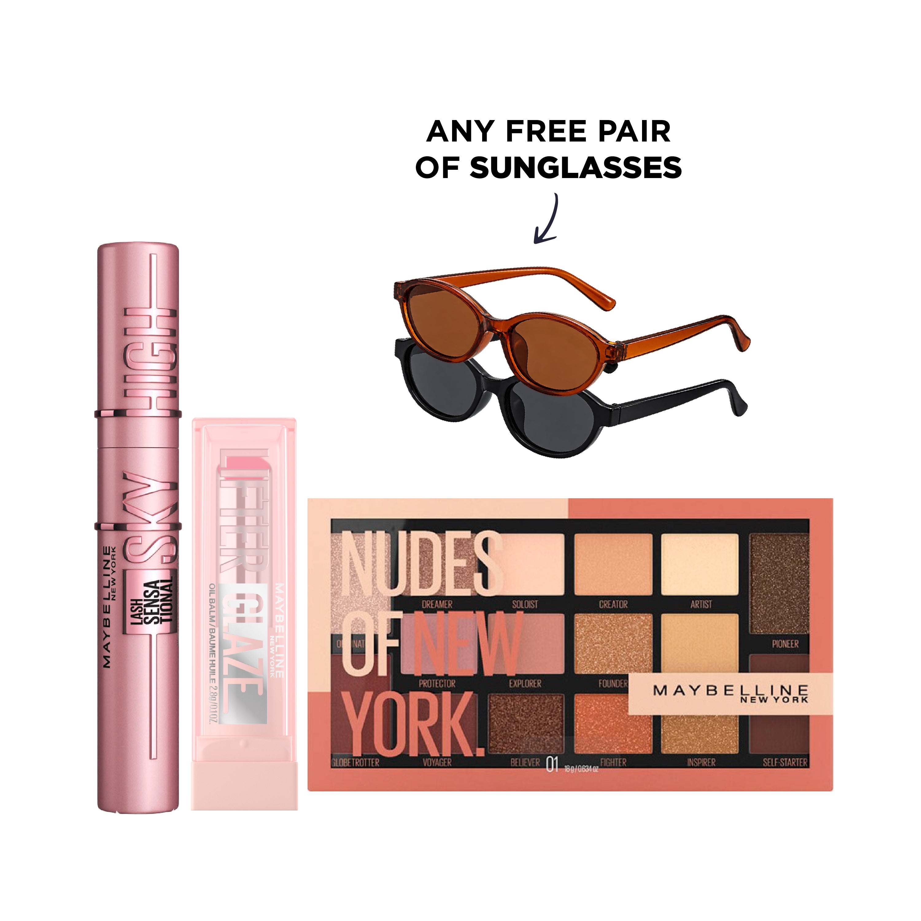 Sky High Mascara + Lifter Glaze + Nudes of New York Palette + FREE Pair Of Sunglasses At 25% OFF