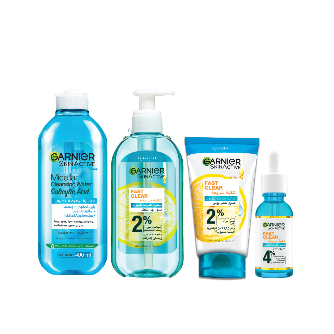 Micellar Cleansing Water + Anti-Acne Gel Wash + Fast Clear Exfoliating Wash + Booster Serum At 25% OFF