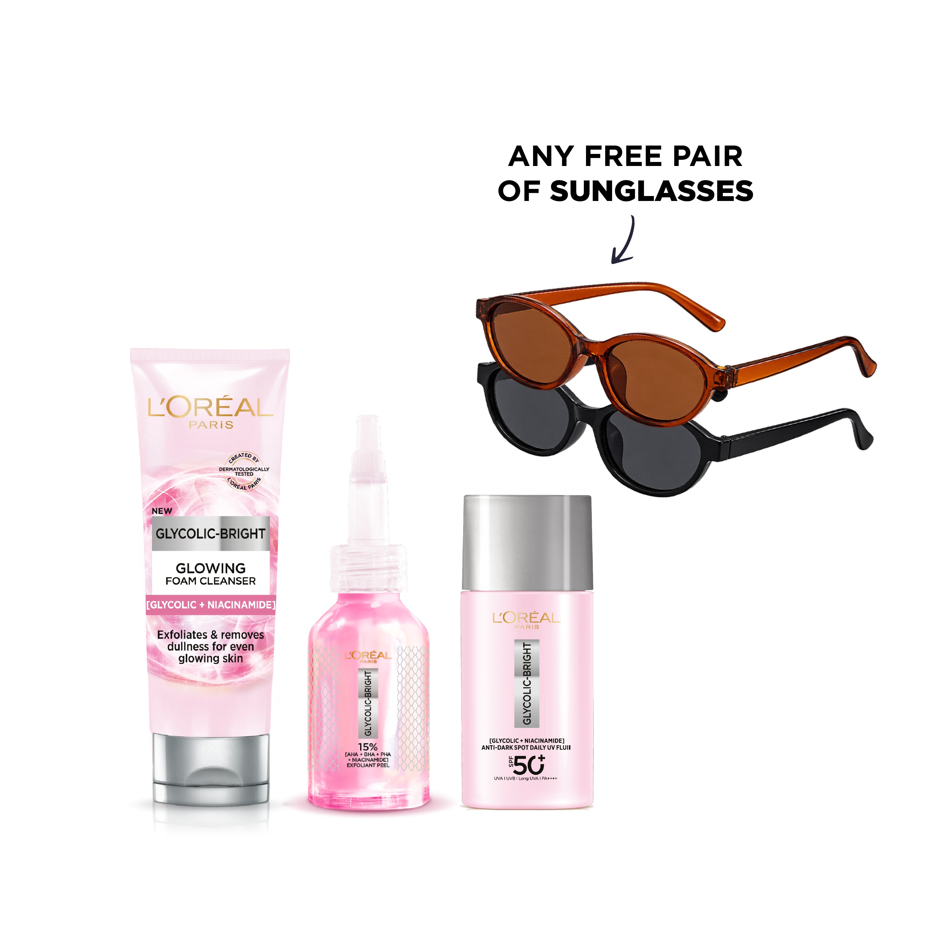 Glycolic-Bright Foam Cleanser + Anti-Dark Spot Exfoliant Peel + Daily UV Fluid + FREE Pair Of Sunglasses At 20% OFF