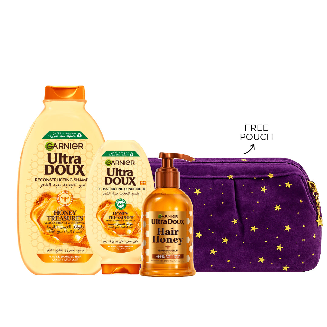 Ultra Doux Honey Treasures Shampoo 400 ML + Conditioner 200 ML + Serum 115 ML + FREE Dark Purple Ramadan Pouch + FREE Ramadan Gift Box At 20% OFF