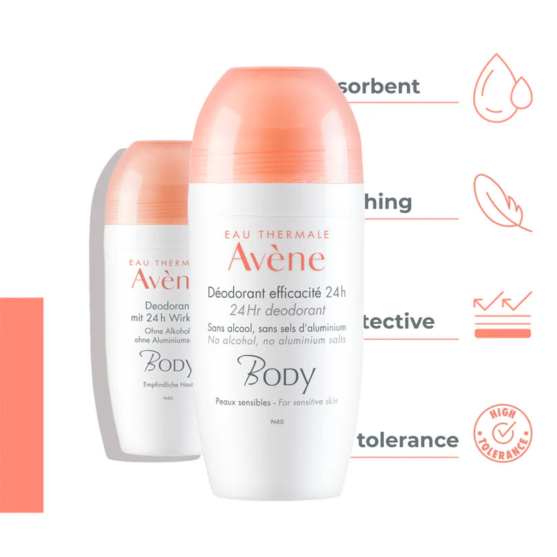 Avene deodorant bottles with product features on a white background