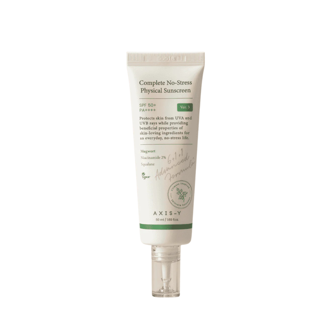 Axis-Y physical sunscreen SPF50 PA++++ lightweight no white cast for sensitive skin