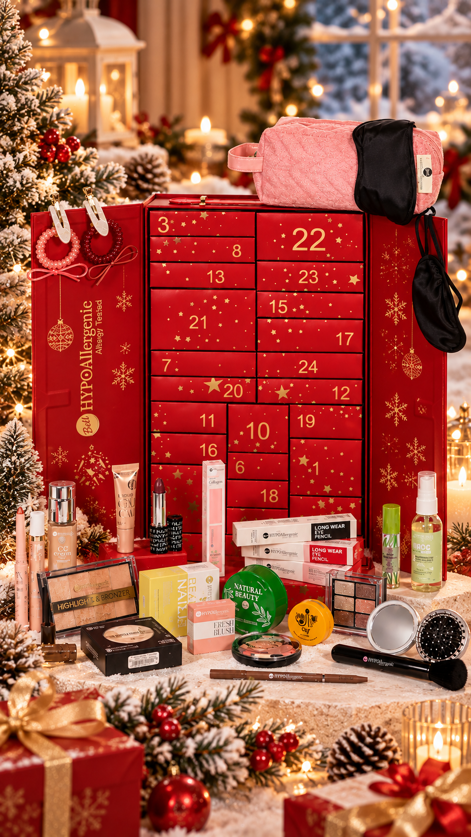 Bell HYPOAllergenic Christmas Advent Calendar 2026 red and gold beauty gift box with 24 numbered compartments