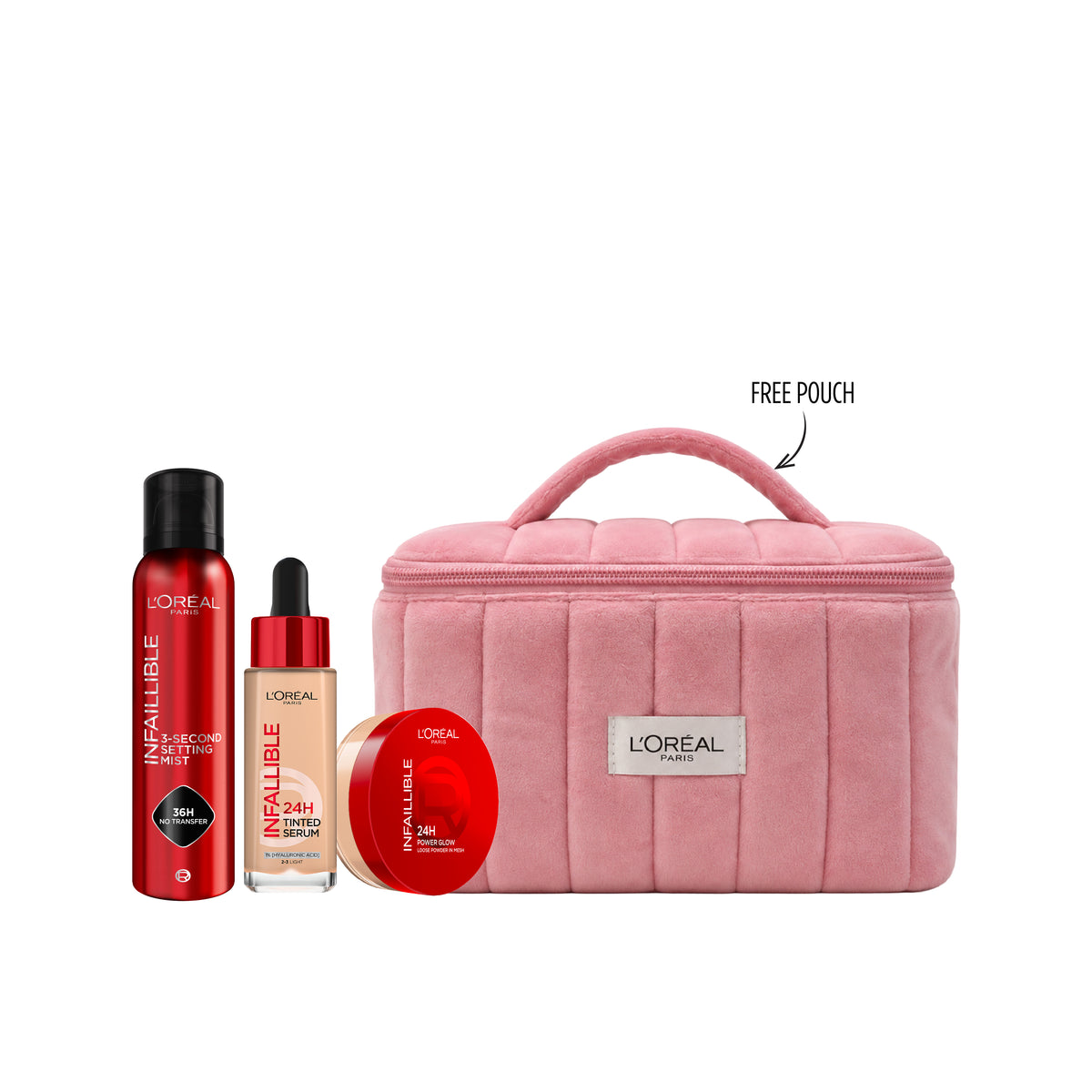 Infaillible Setting Mist Spray 75ml + Tinted Serum + Glow Loose Powder + FREE Top Handle Pouch At 30% OFF