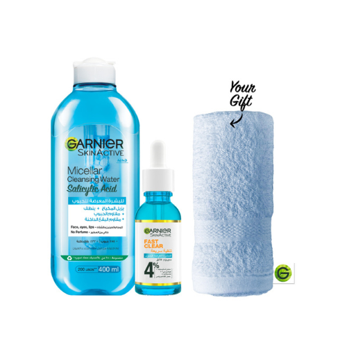 Garnier Fast Clear Serum + Micellar Water Facial + Free Fast Clear Blue Face Towels | Loolia Closet