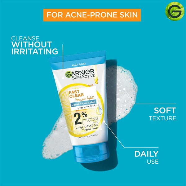 Garnier - Fast Clear [2%] Salicylic Acid & Vitamin C - 3-in-1 Anti-Acne Exfoliating Wash (150ml)