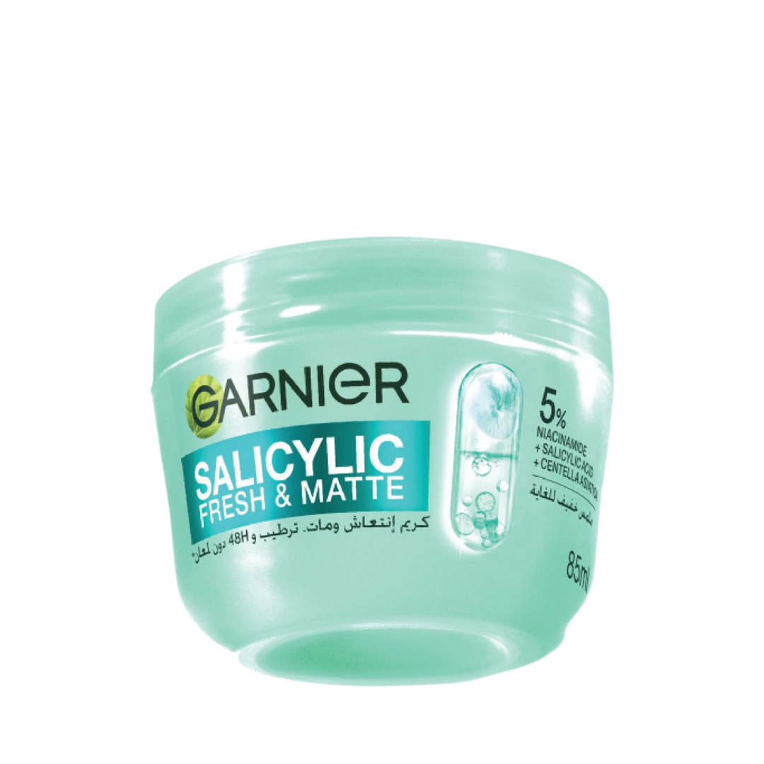 Garnier Salicylic Fresh & Matte face cream in a mint green jar on a white background