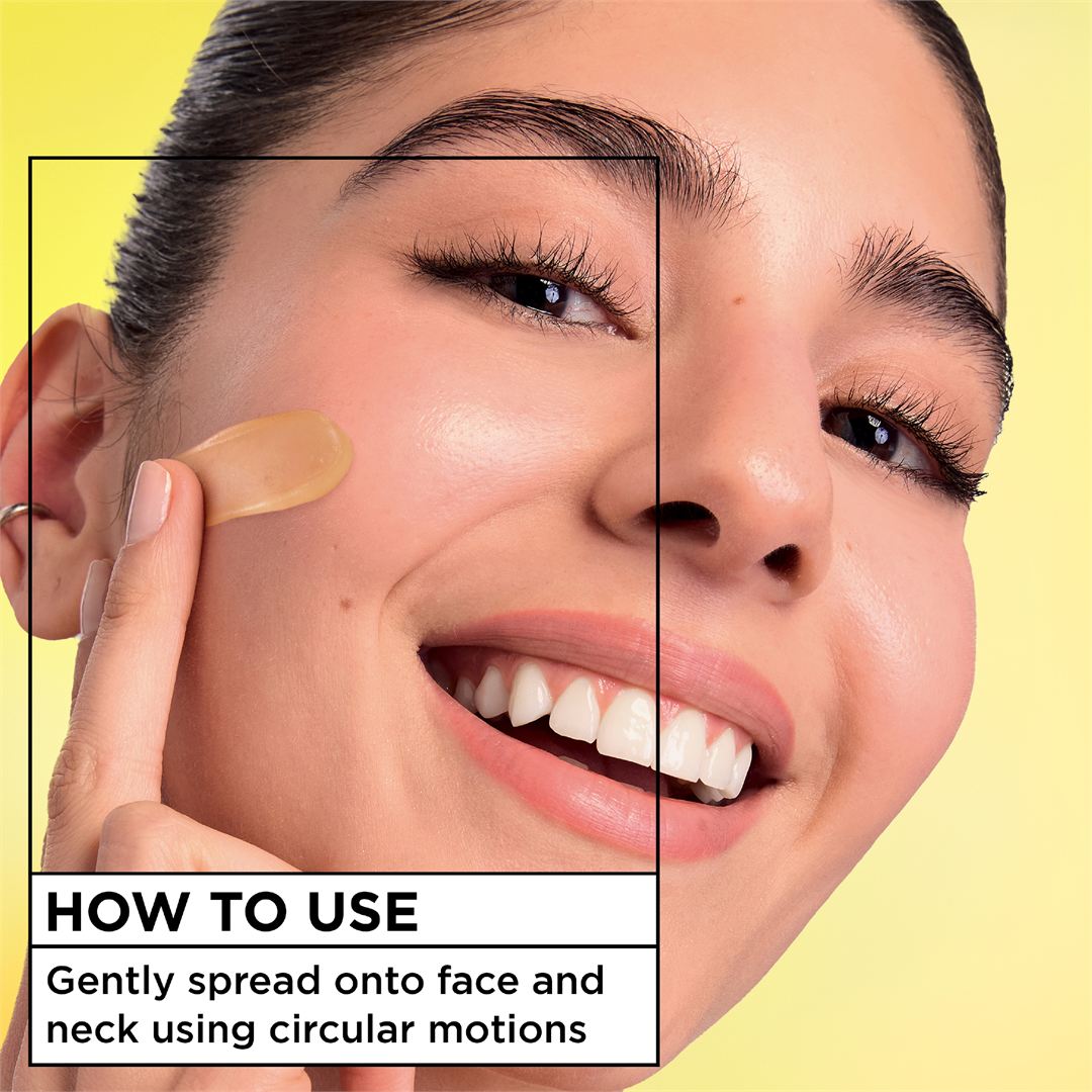 Close-up of a woman applying a translucent gel patch to her cheek with a finger, accompanied by text instructions on how to use it with circular motions against a yellow background.