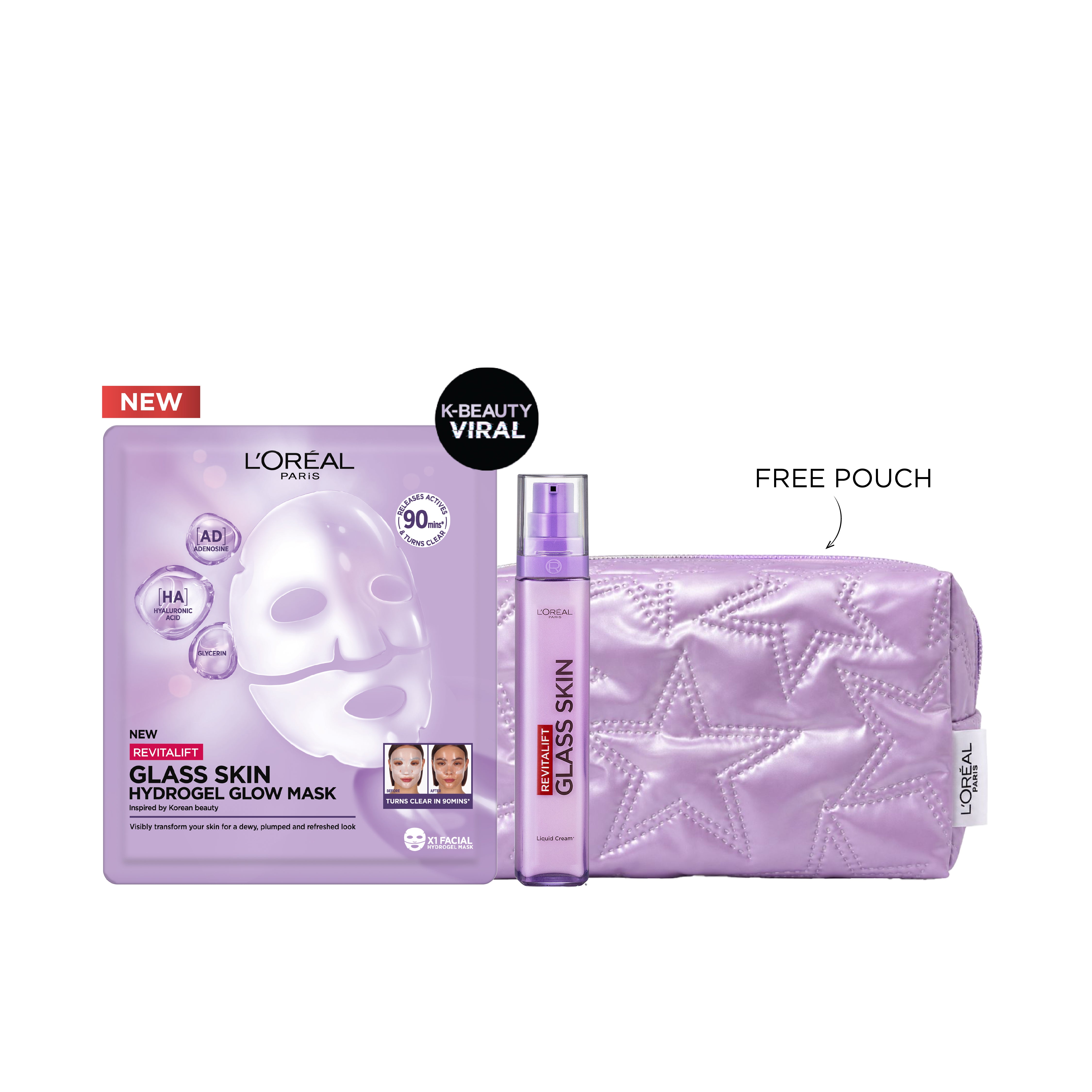 L’Oréal Revitalift Glass Skin Glow Mask + Liquid Cream + FREE Pouch