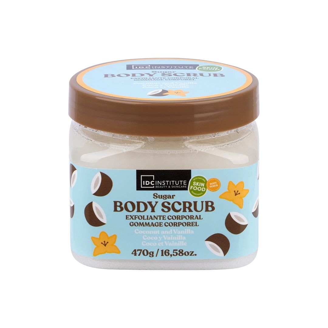 IDC Institute skin food sugar body scrub exfoliating nourishing body exfoliator smooth glowing skin coconut & vanilla