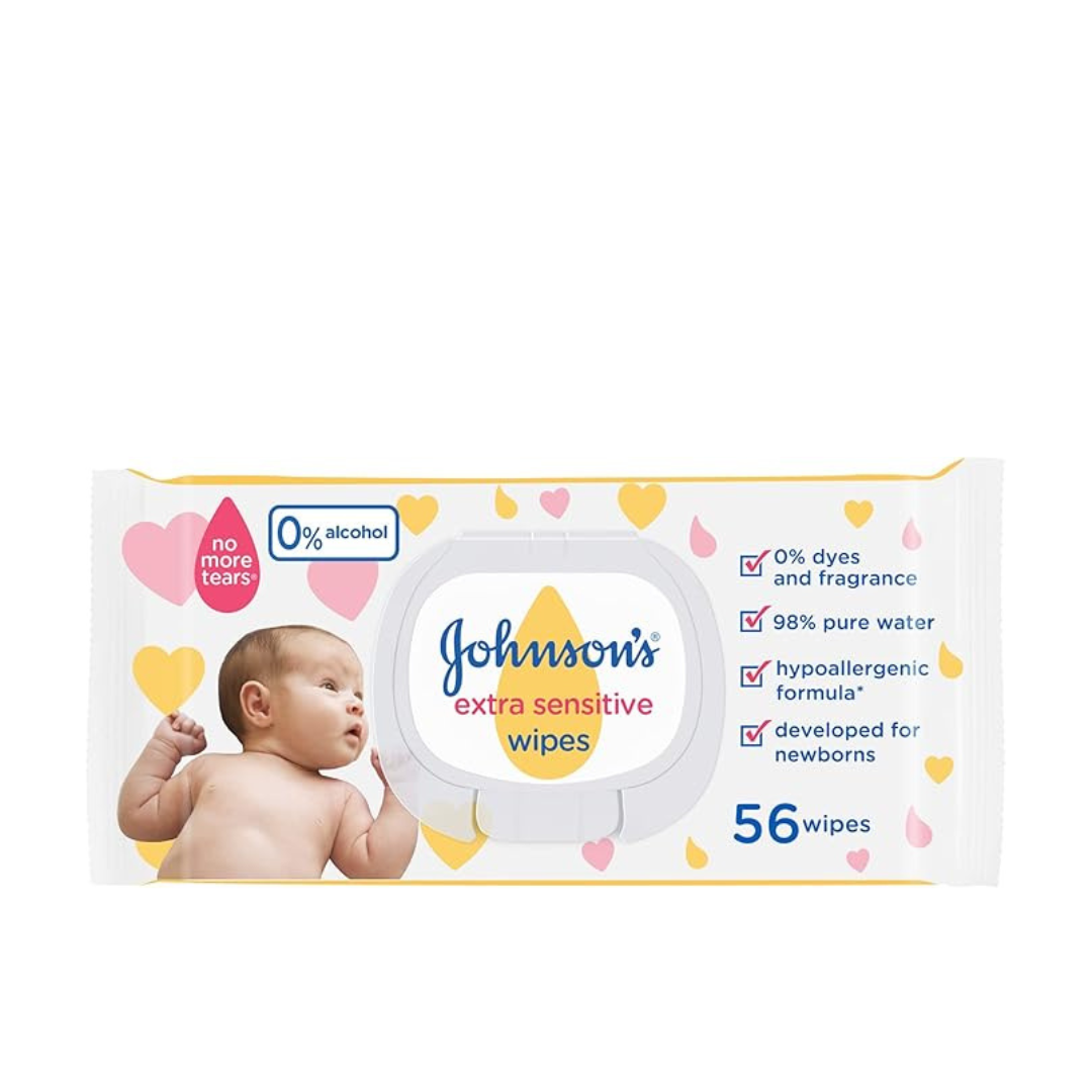 Johnson’s Baby Extra Sensitive Wipes 56 pack made with 98 percent pure water for gentle newborn skin cleansing