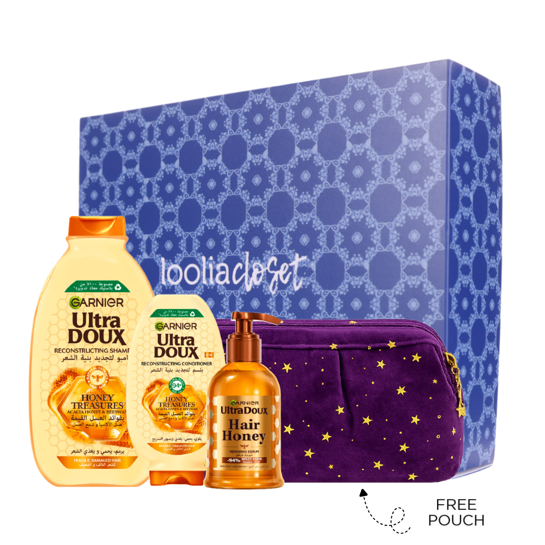 Ultra Doux Honey Treasures Shampoo 400 ML + Conditioner 200 ML + Serum 115 ML + FREE Dark Purple Ramadan Pouch + FREE Ramadan Gift Box At 20% OFF