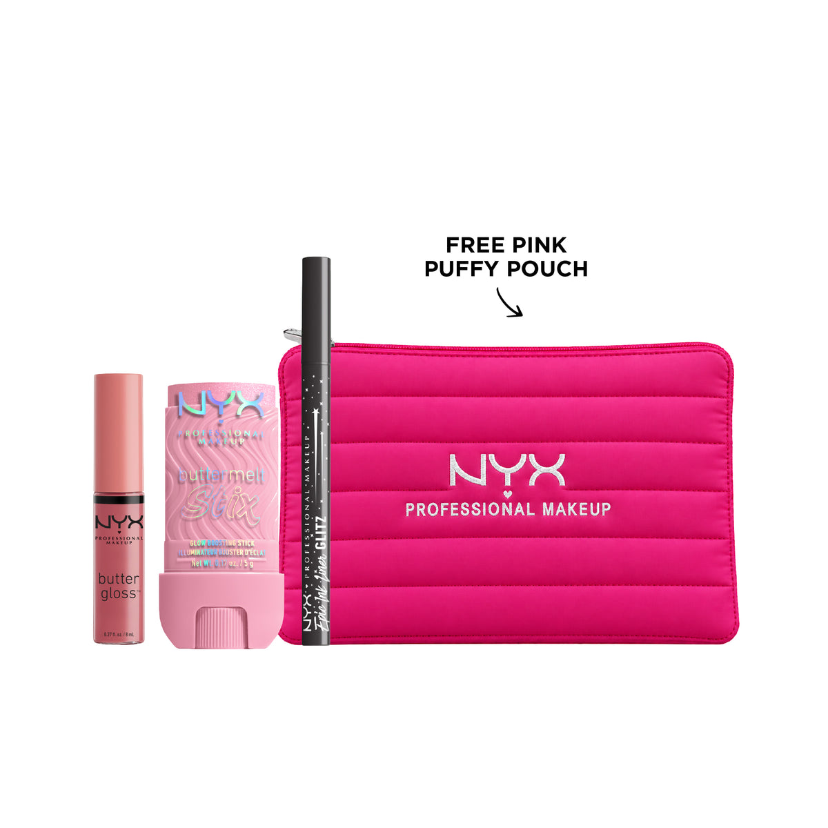 Butter Gloss Lip Gloss + Buttermelt Highlighter Stix + Epic Ink Liner + FREE Pink Puffy Pouch At 25% OFF