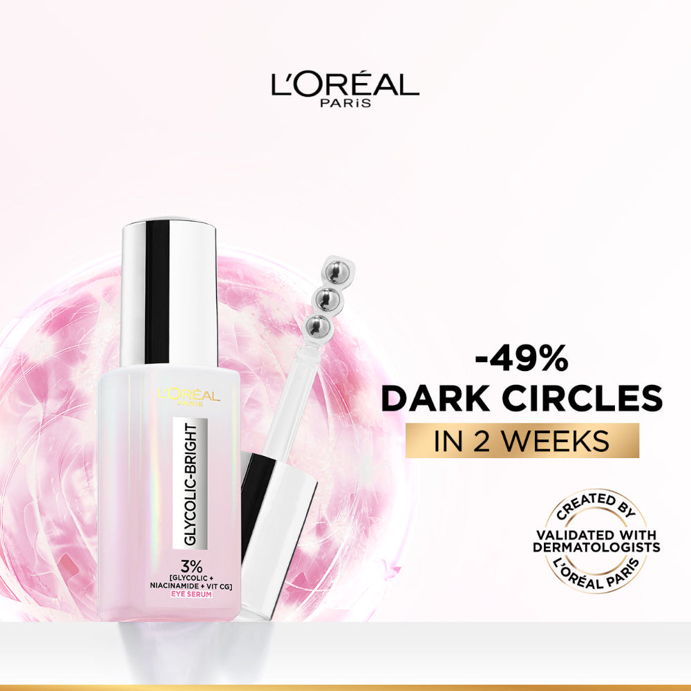 L'Oréal Paris Glycolic [3% Glycolic Acid  + Vitamin CG + Niacinamide] Eye Serum For Dark ircles, Brighten Eyes