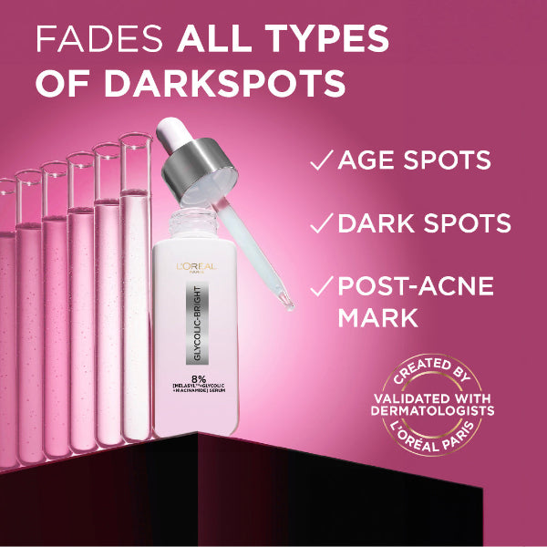 L'Oréal Paris Glycolic Bright Serum with 8% [Melasyl ™ + Glycolic Acid + Niacinamide] face serum for Dark Spots & Brightening 30ml