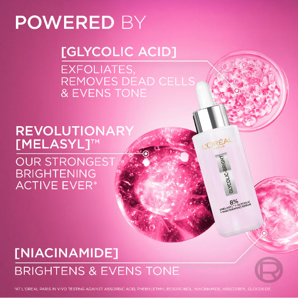 L'Oréal Paris Glycolic Bright Serum with 8% [Melasyl ™ + Glycolic Acid + Niacinamide] face serum for Dark Spots & Brightening 30ml