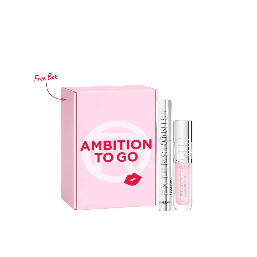 L’Oréal telescopic mascara and plump ambition hyaluron lip oil bundle with free gift box