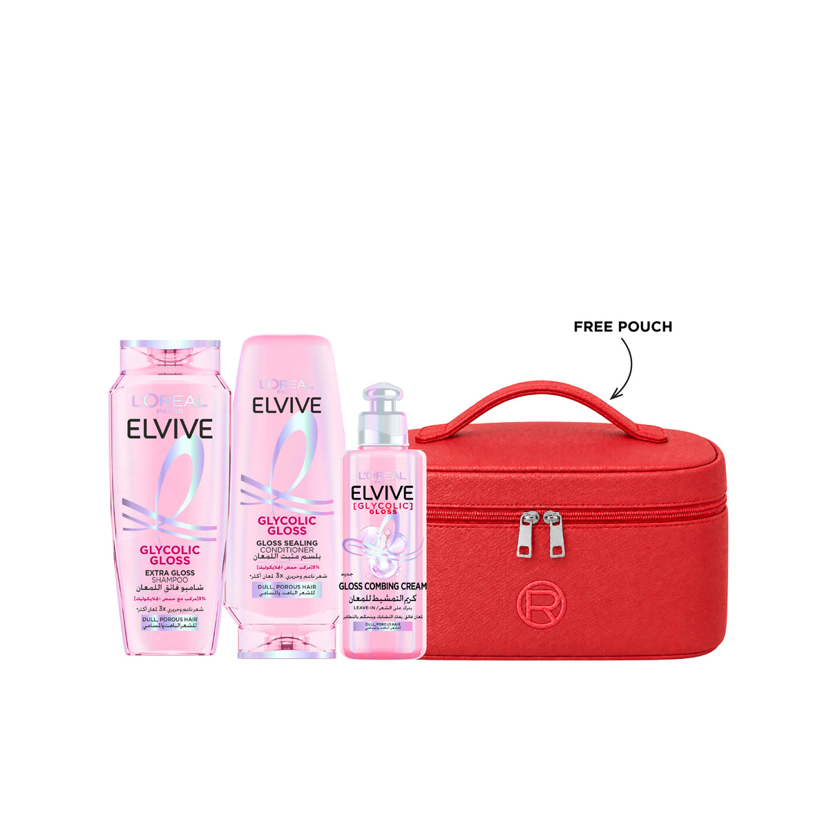 Elvive Glycolic Gloss Shampoo + Conditioner + Leave-in + FREE Le Defile Pouch At 15% OFF