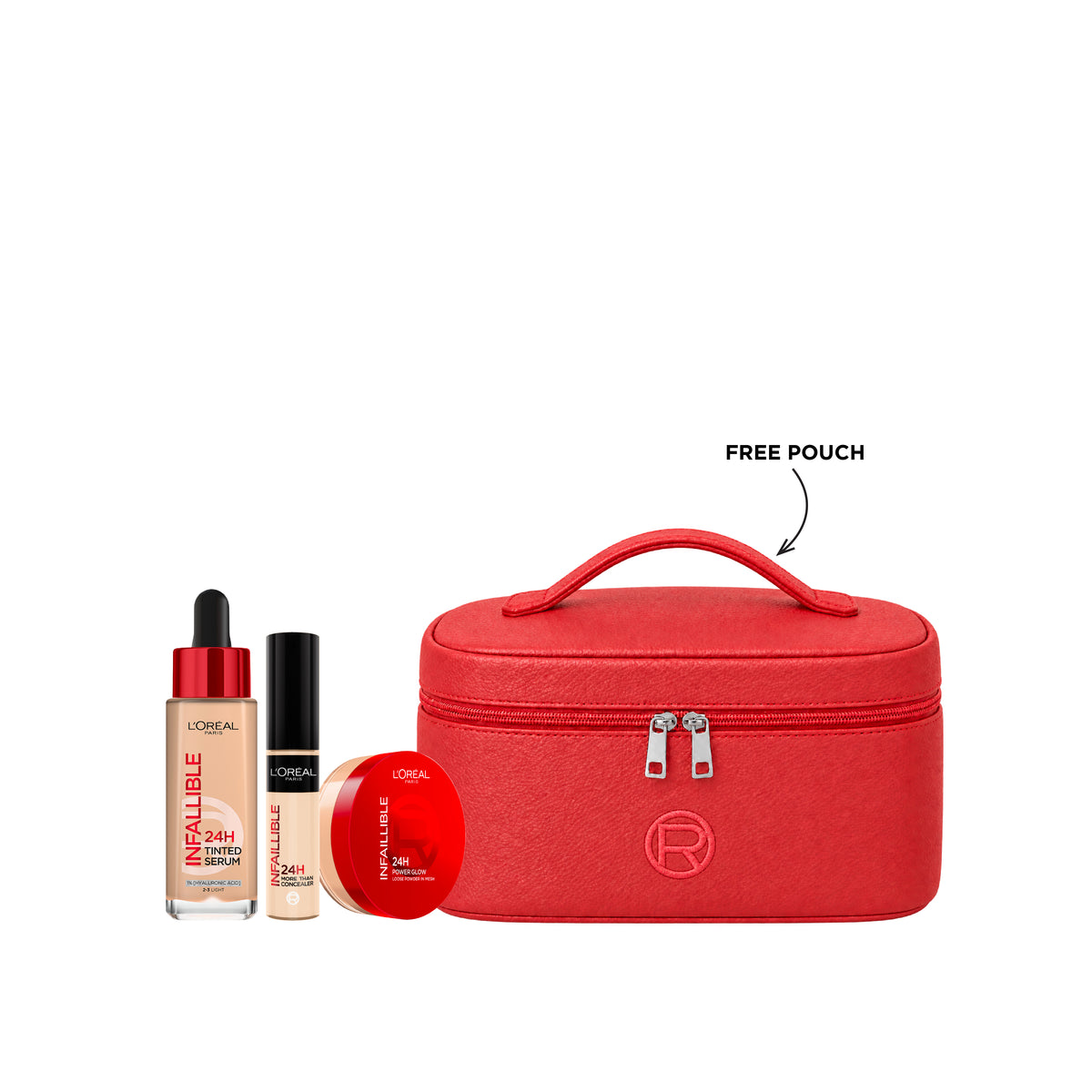 Infallible Tinted Serum + Concealer + Glow Loose Powder + FREE Pouch At 25% OFF