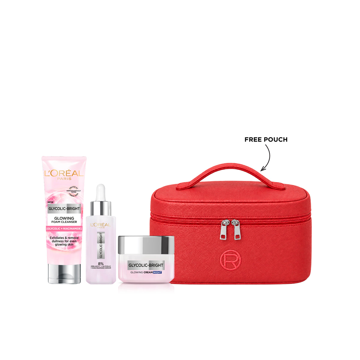Glycolic-Bright Foam Cleanser + Face Serum + Night Cream + FREE Pouch At 20% OFF