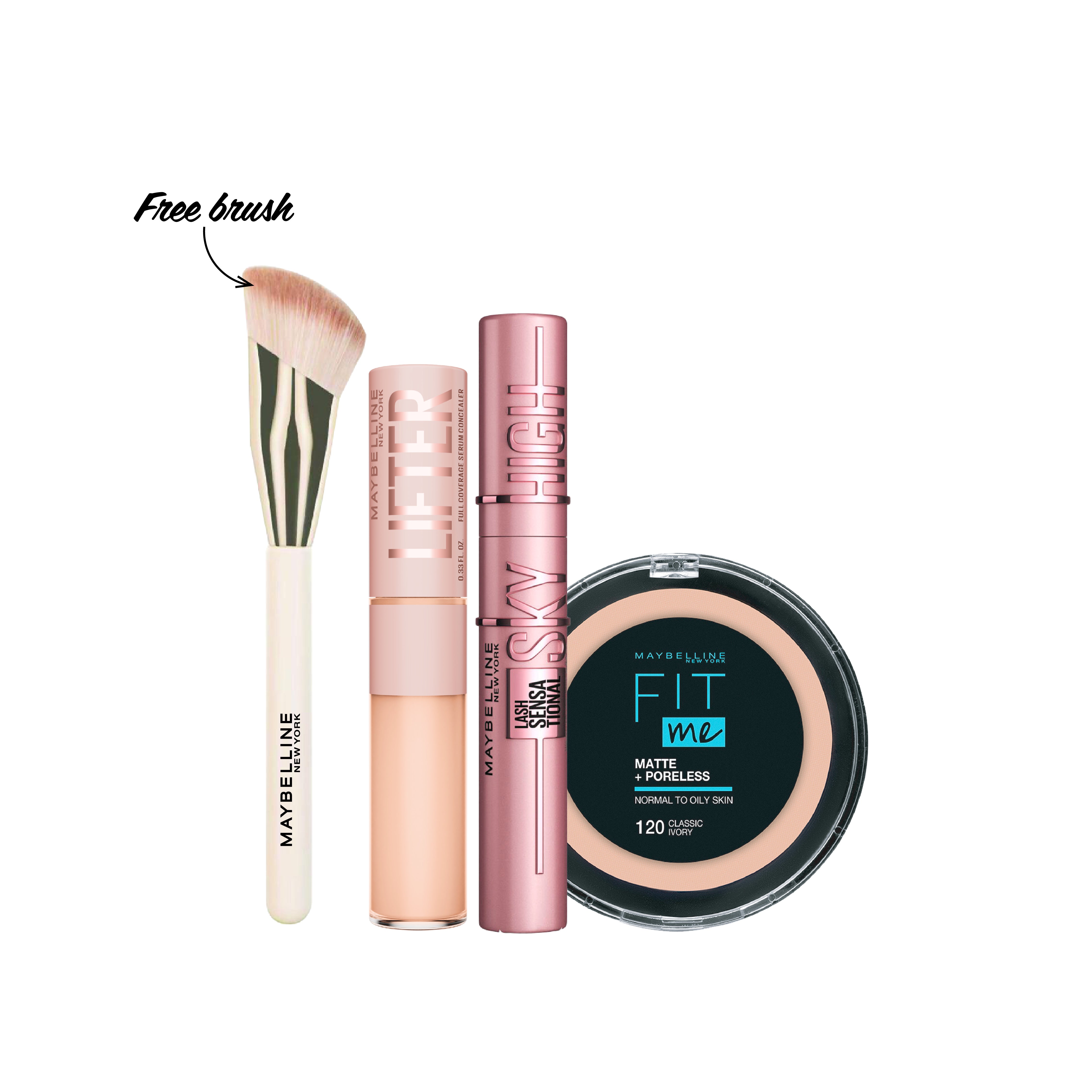 Lifter Serum Concealer + Sky High Mascara + Fit Me Powder + FREE Brush At 10% OFF