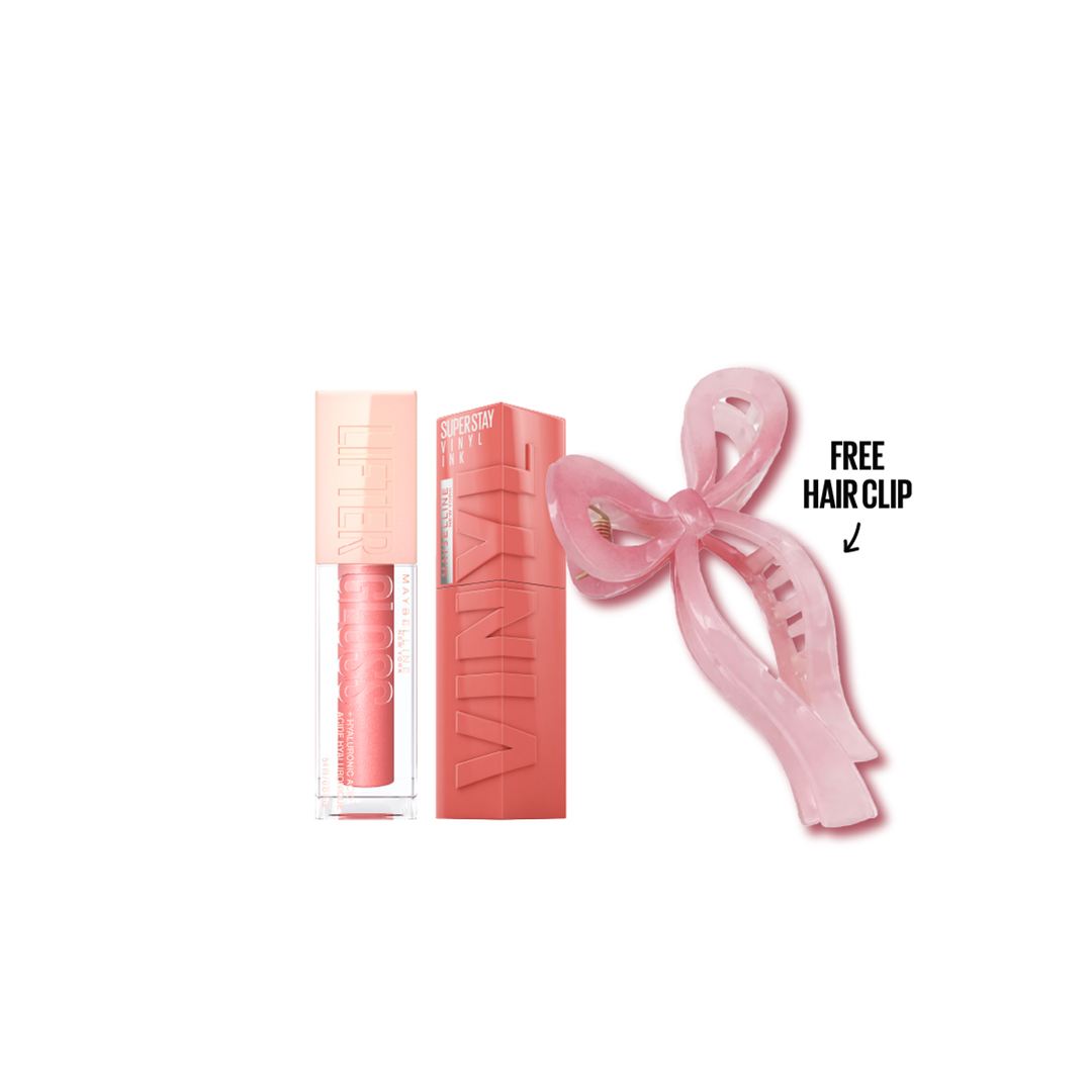 Maybelline Lifter Gloss and Vinyl Ink lipstick duo with hyaluronic acid and free hair clip