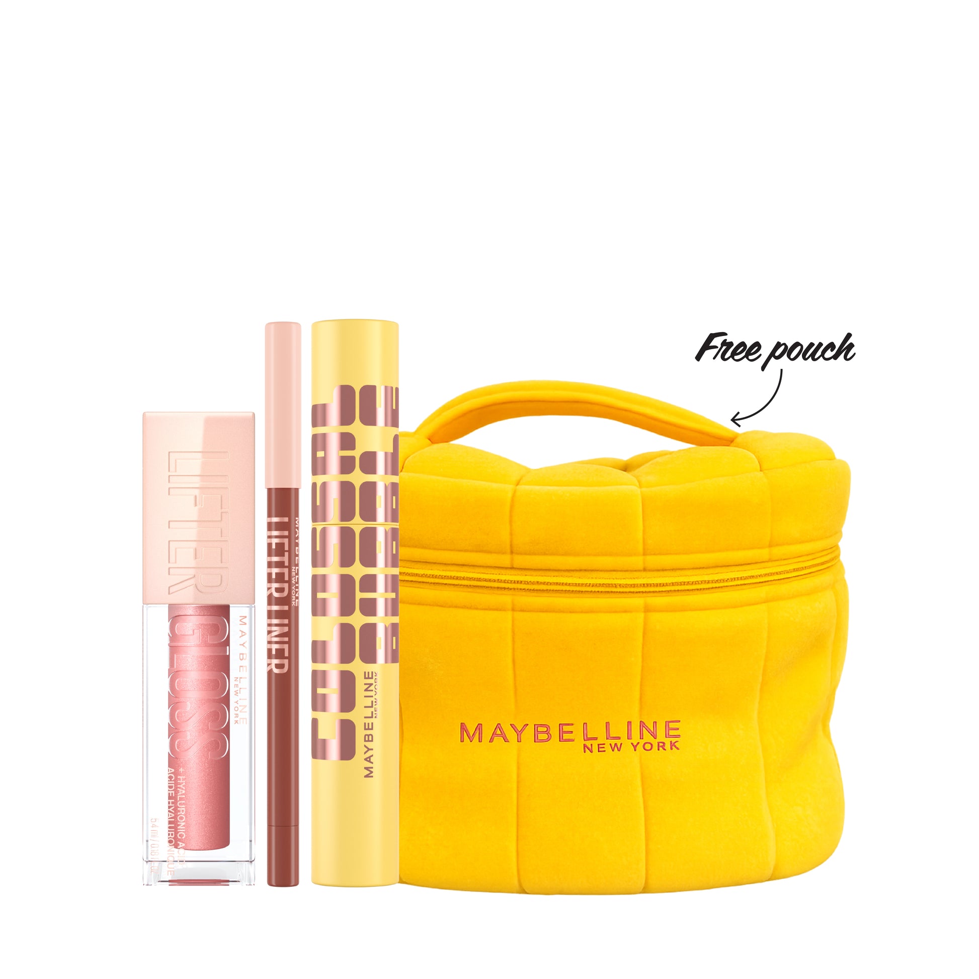 Maybelline lip gloss, lip liner and mascara bundle with free pouch set