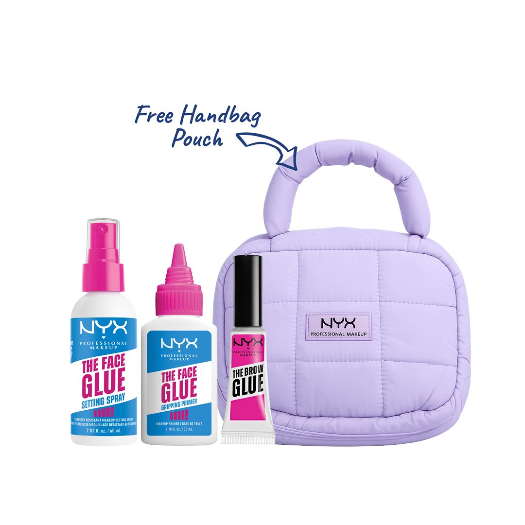 NYX Face Glue bundle primer setting spray brow glue with free pouch