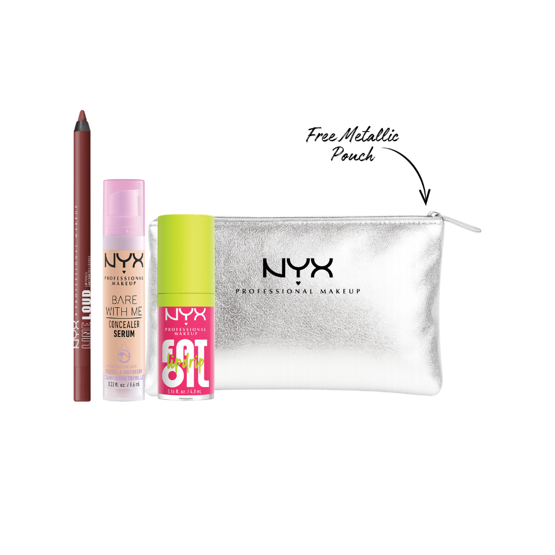 NYX Professional Makeup bundle with lip liner pencil, lip oil gloss, concealer serum and free silver pouch