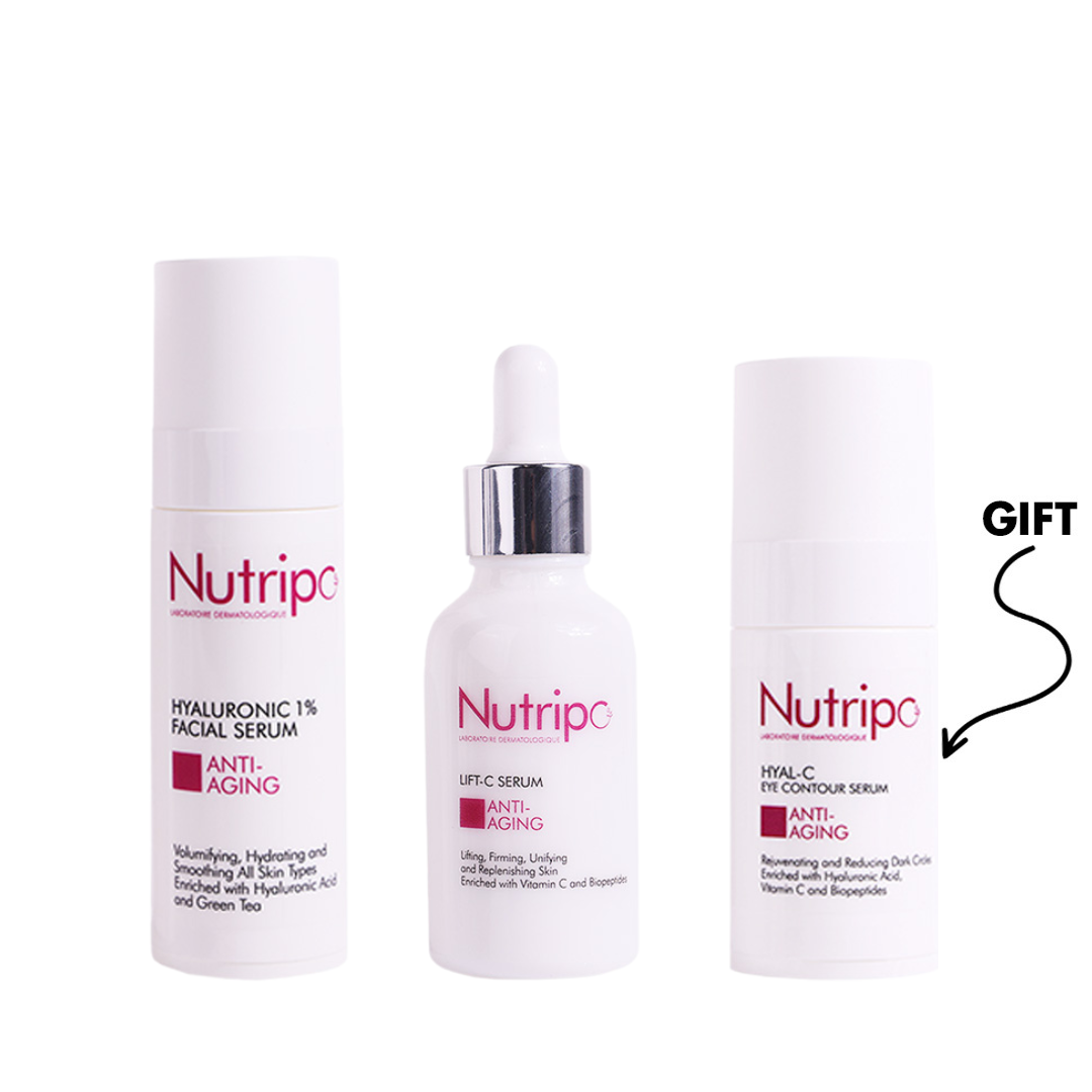 Nutripo anti-aging skincare bundle with hyaluronic serum, vitamin C lifting serum and free eye contour serum