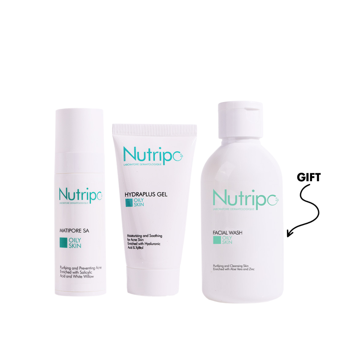 Nutripo oily skin acne care bundle with salicylic acid treatment cream, hydraplus gel and free facial wash
