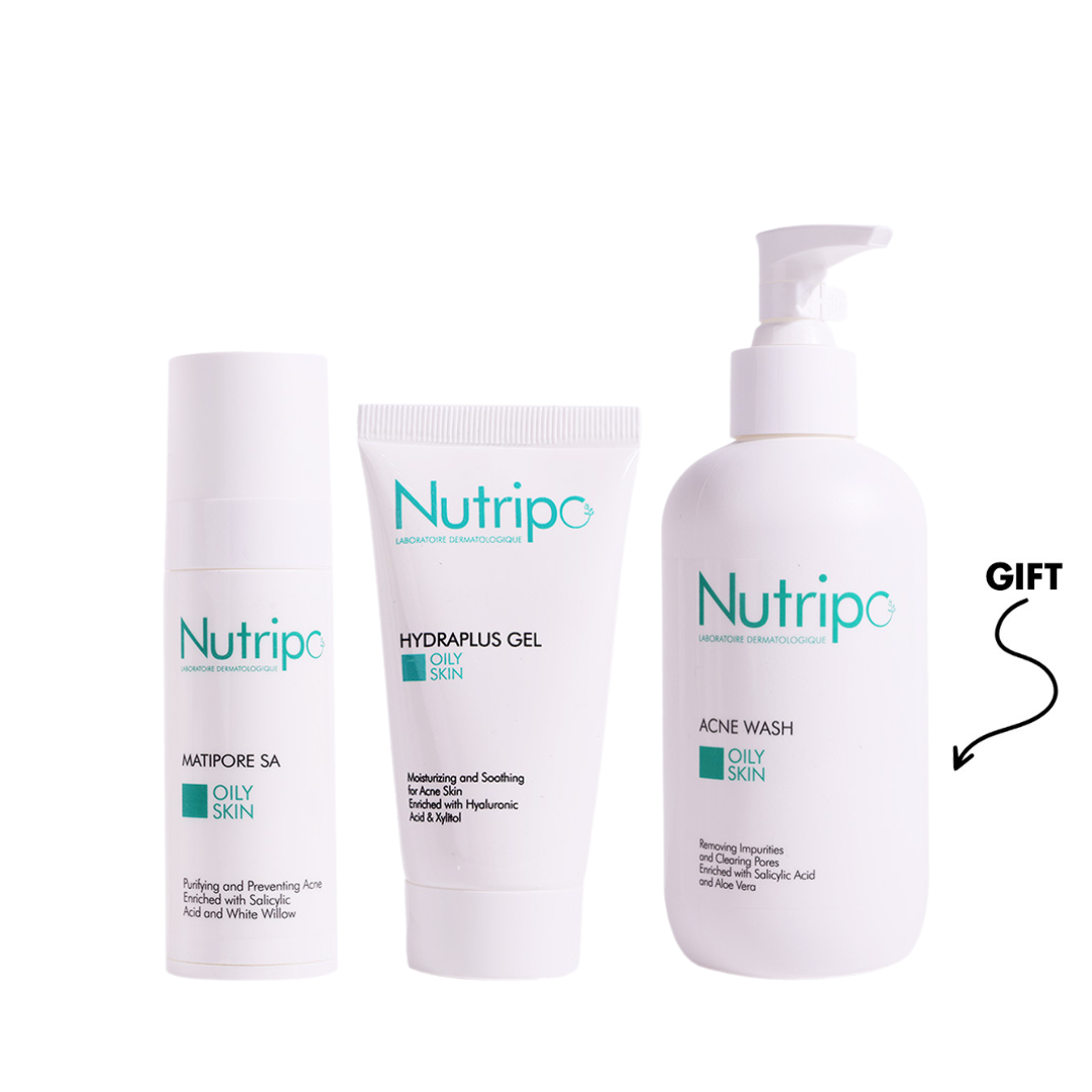 Nutripo oily skin acne treatment bundle with salicylic acid cream, hydrating gel moisturizer and free acne wash