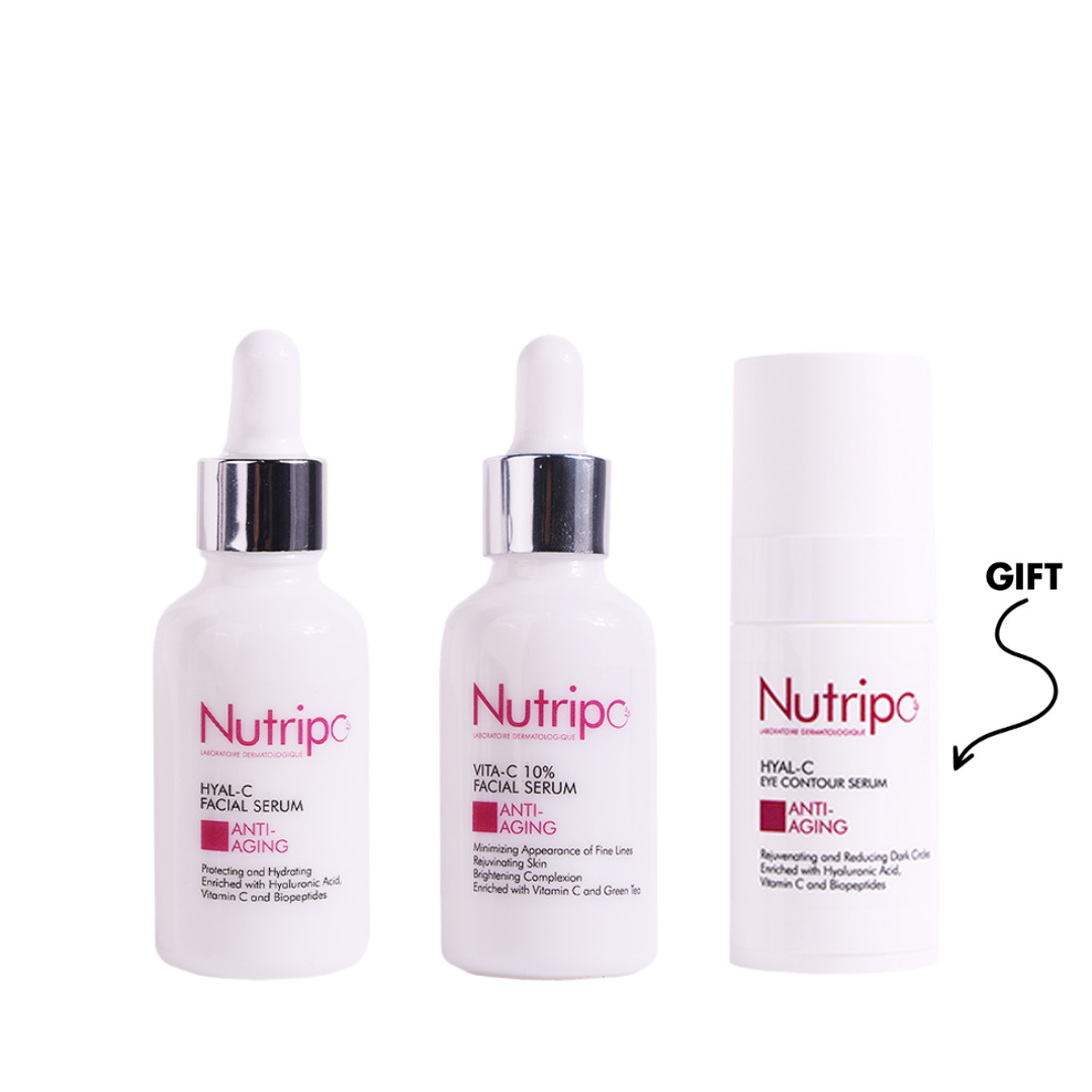 Nutripo vitamin C skincare bundle with Hyal-C serum, vitamin C 10 percent serum and free eye contour serum