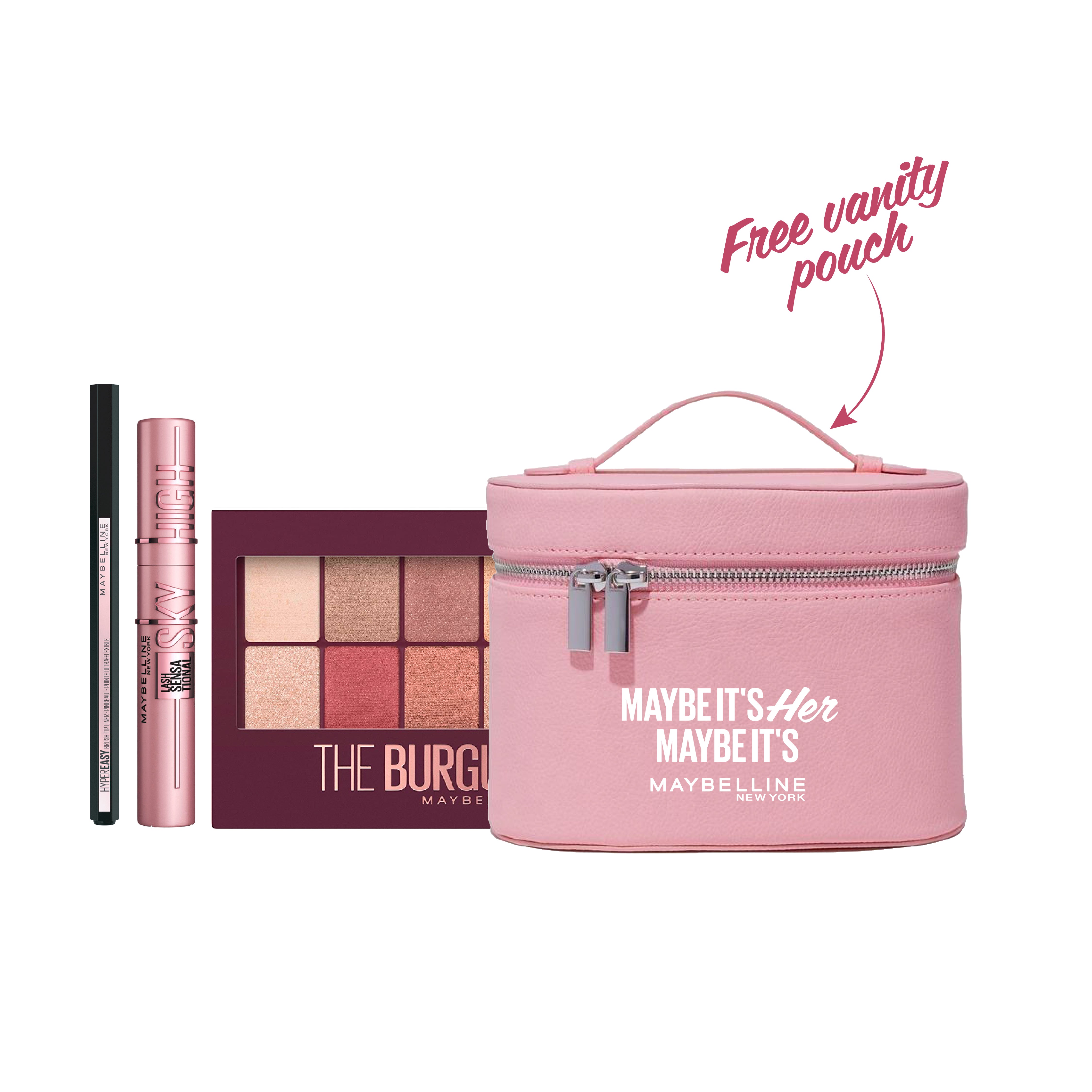 Hyper Easy Liquid Liner + Sky High Mascara + Burgundy Bar Eyeshadow Palette + FREE Pouch At 30% OFF