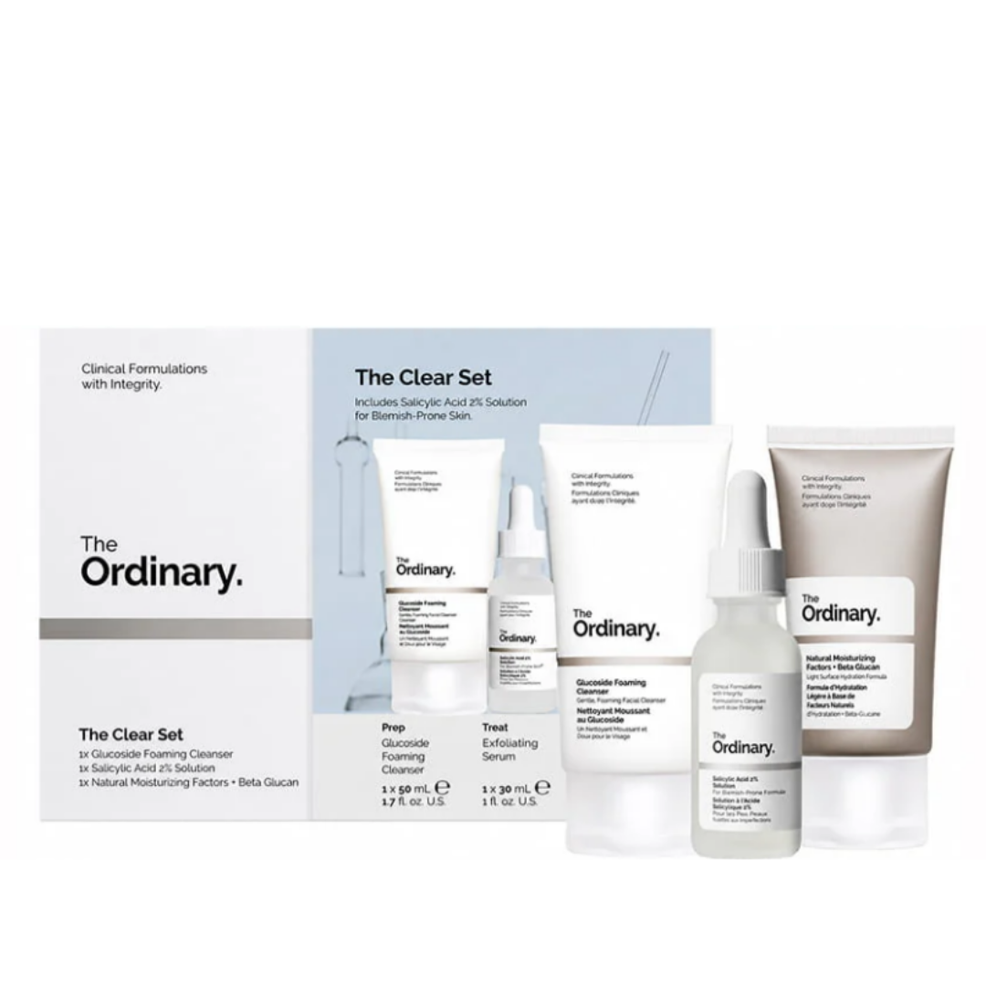 The Ordinary The Clear Set acne skincare bundle with Glucoside Foaming Cleanser, Salicylic Acid 2% Solution and Beta Glucan Moisturizer