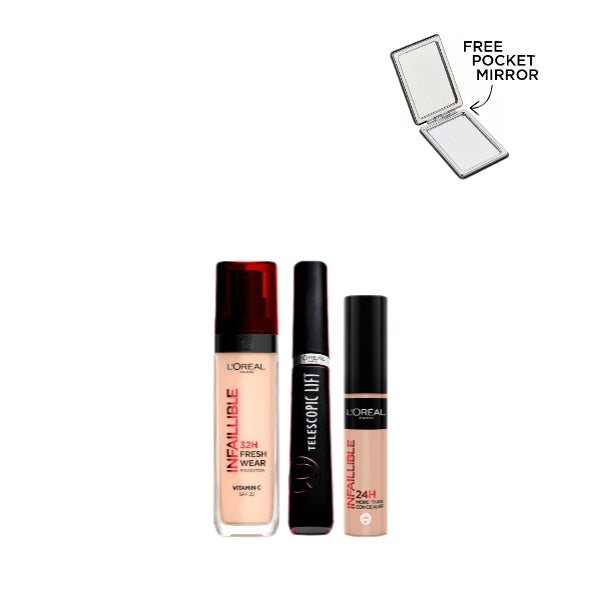 L'Oréal Paris Freshwear Foundation + Telescopic Mascara + Concealer + FREE Mirror At 25% OFF | Loolia Closet