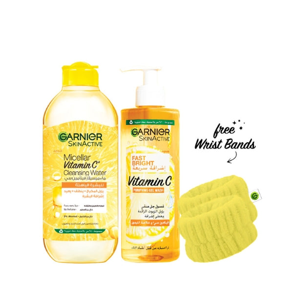 Garnier Fast Bright Vitamin C Gel Wash 400 ML + Micellar Water 400 ML + FREE Wrist Bands  At 15% OFF | Loolia Closet