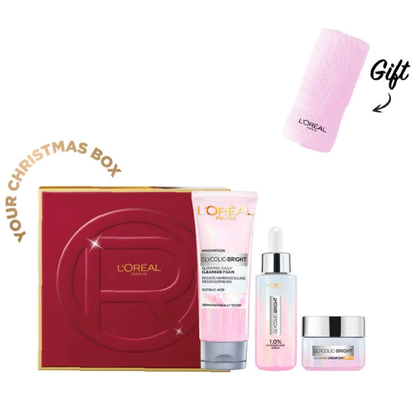 Glycolic Bright Face Wash 100ml + Day Cream 50ml + Serum 30ml + FREE Pink Towel + FREE Christmas Box At 15% OFF