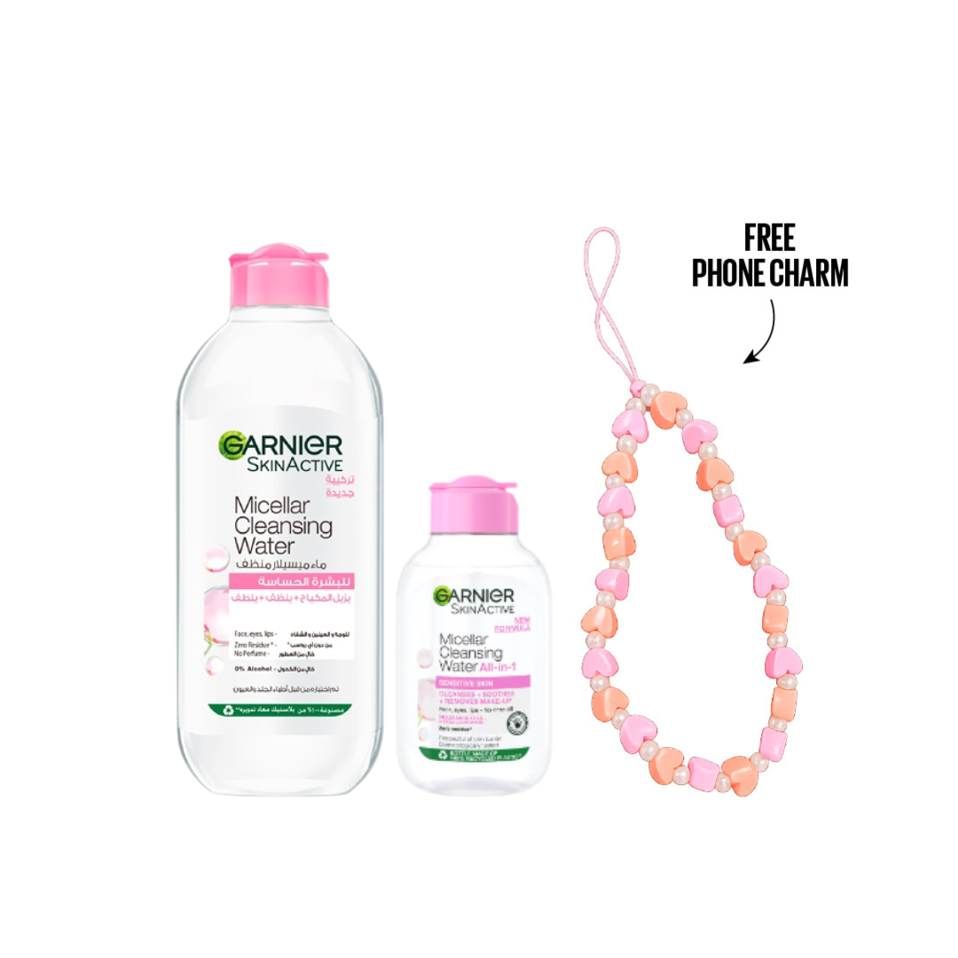 Micellar Water Facial Cleanser Pink 400ml + Micellar Water Facial Cleanser Pink 100ml + FREE Phone Charm