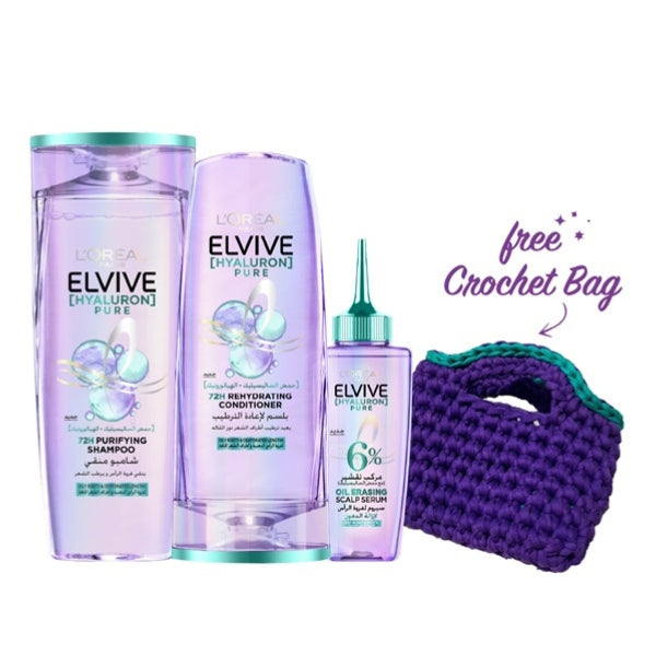 L'Oréal Paris Elvive HA Pure Shampoo 400 ML + Conditioner 200 ML + Serum + FREE Crochet Bag | Loolia Closet