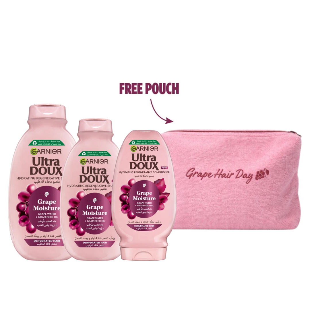 Ultra Doux Grape Shampoo 600ml + Shampoo 400ml + Conditioner 200ml + FREE Pouch