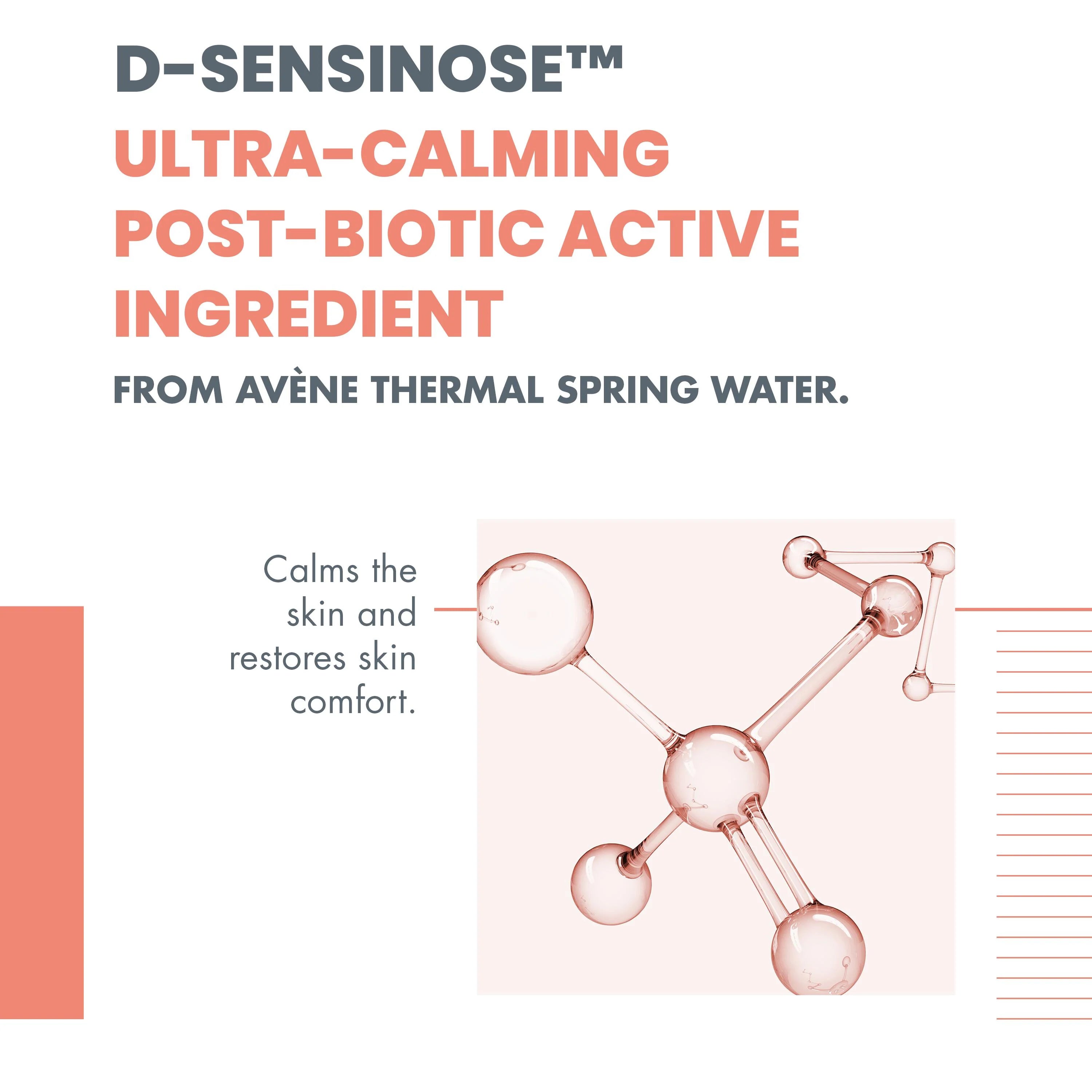 Advertisement for D-Sensinose ultra-calming post-biotic active ingredient with molecular structure illustration.