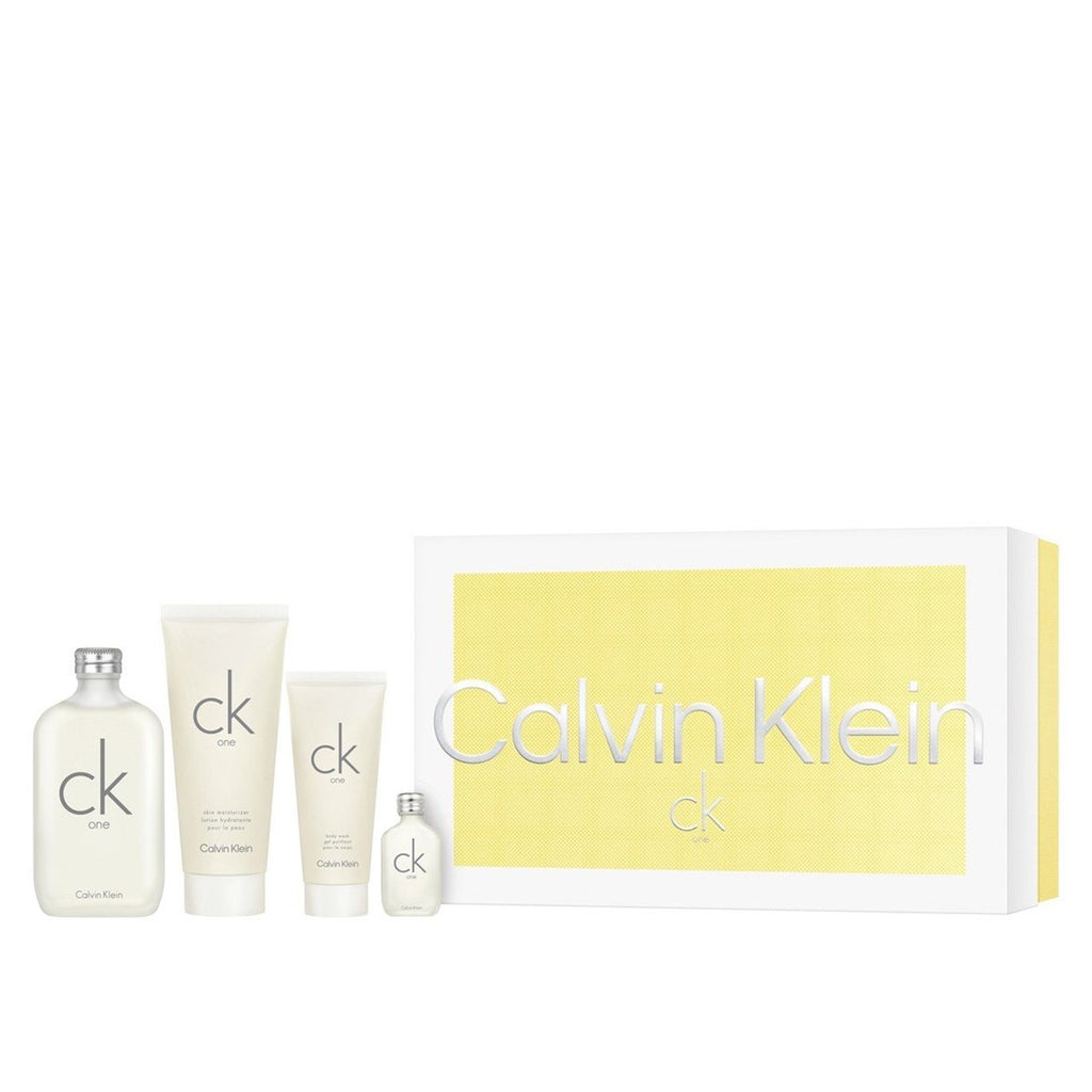 CK One 4 pieces Gift Set including CK One Eau de Toilette 200ml, Body Lotion, Hair and Body Wash and mini Spray