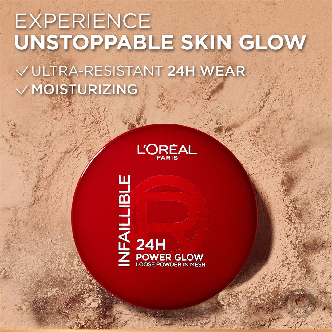 Infaillible 24H Power Glow Loose Powder in Mesh, Pore Blurring, Radiant Glow, and Hydrating Formula 9.5g