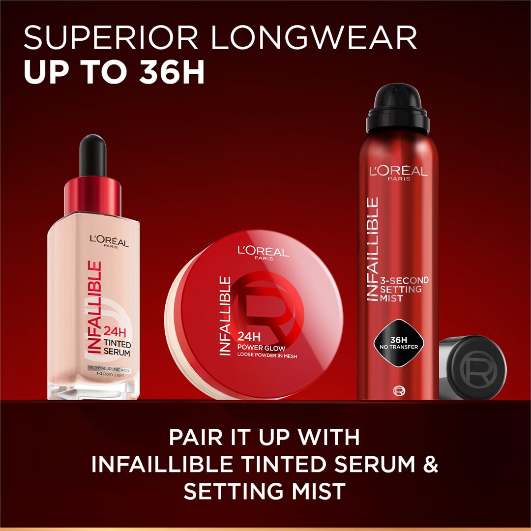 Infaillible 24H Power Glow Loose Powder in Mesh, Pore Blurring, Radiant Glow, and Hydrating Formula 9.5g