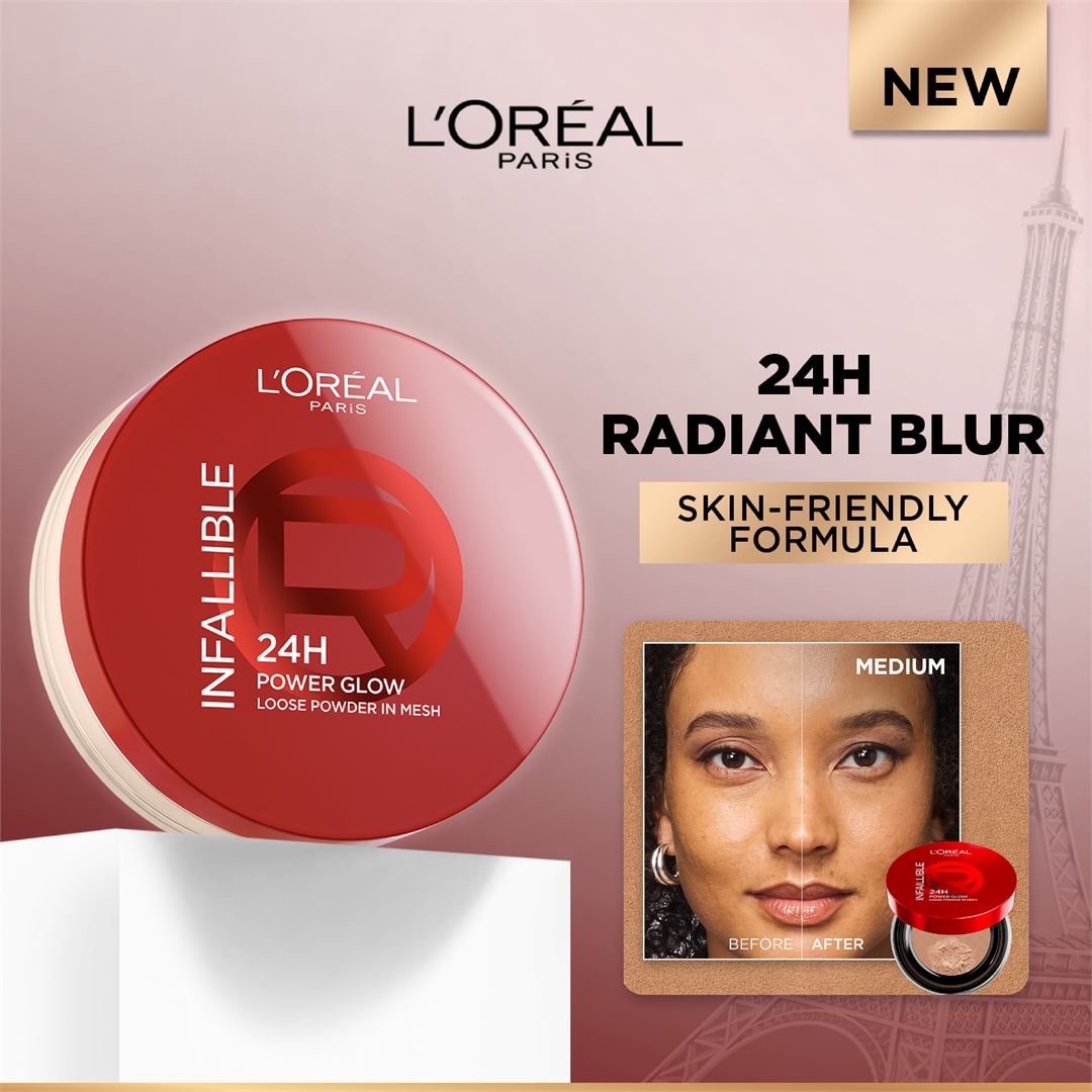 Infaillible 24H Power Glow Loose Powder in Mesh, Pore Blurring, Radiant Glow, and Hydrating Formula 9.5g